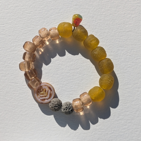 Jewelry - Recycled yellow glass bracelet with lava beads as essential oil diffuser